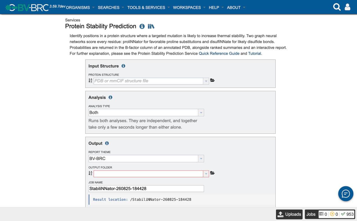 The empty Protein Stability Prediction submission form