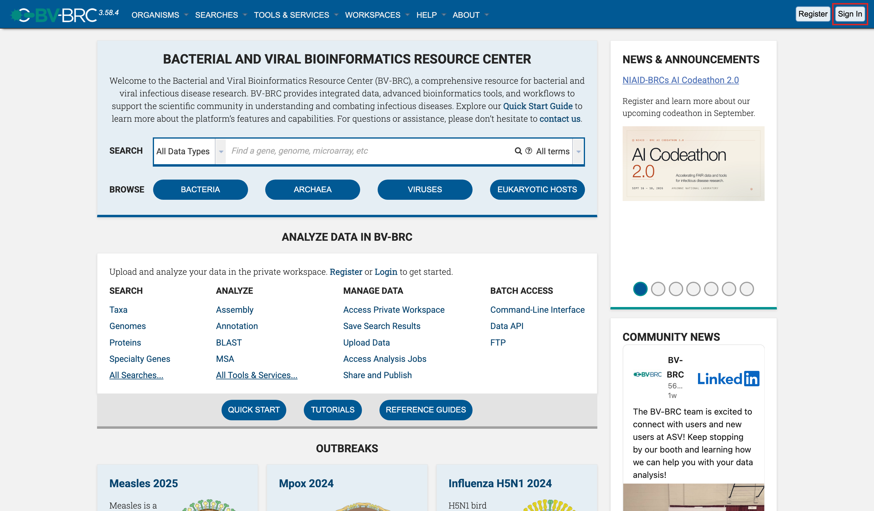 BV-BRC landing page with Sign In highlighted