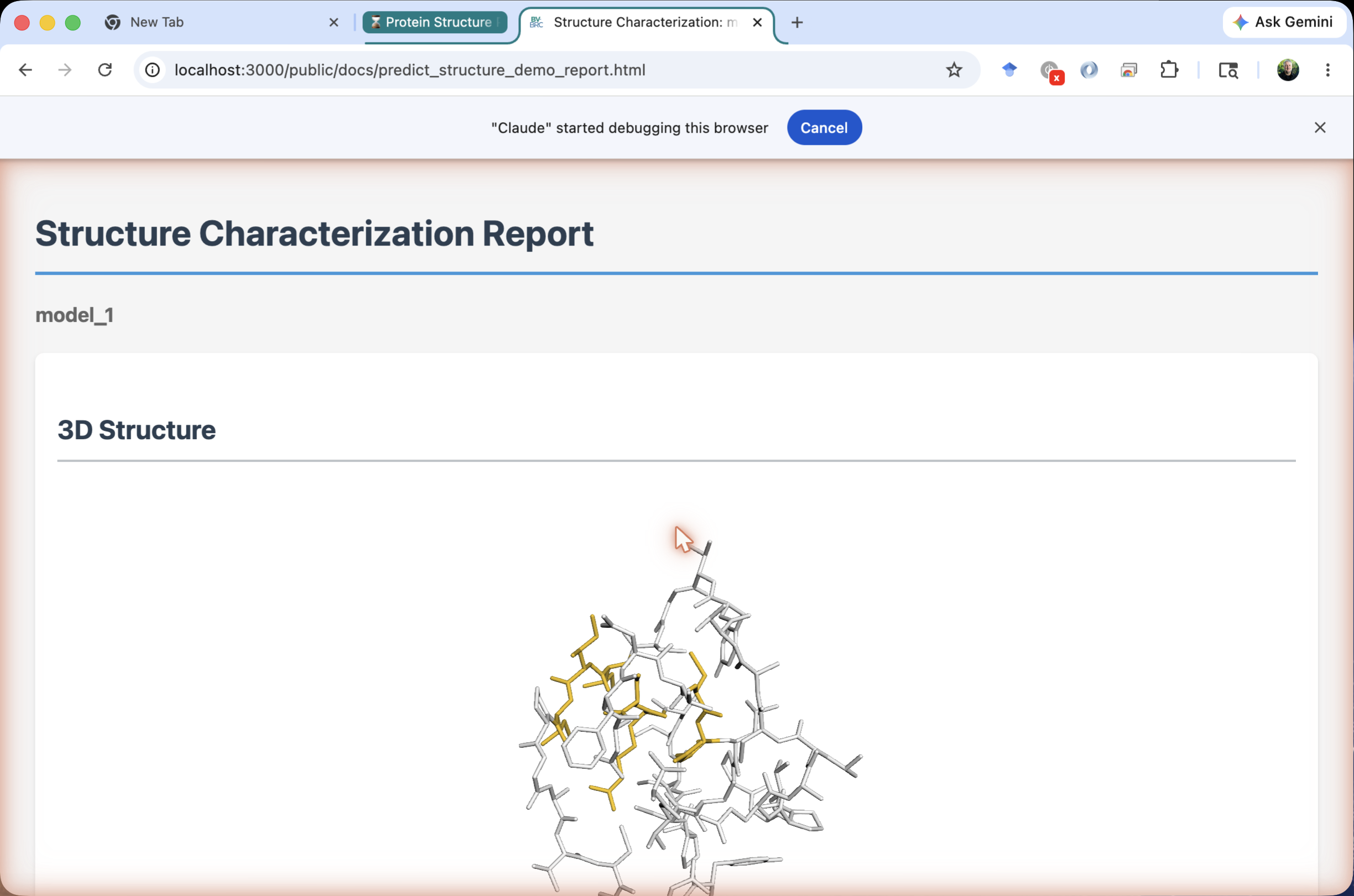 3Dmol.js view of crambin from report.html with three disulfides visible