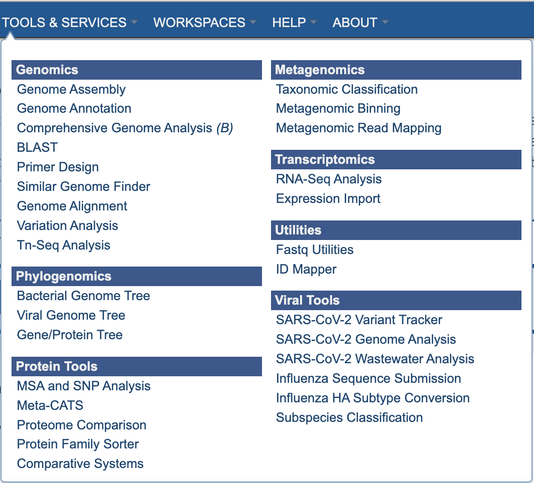 BV-BRC Services Menu