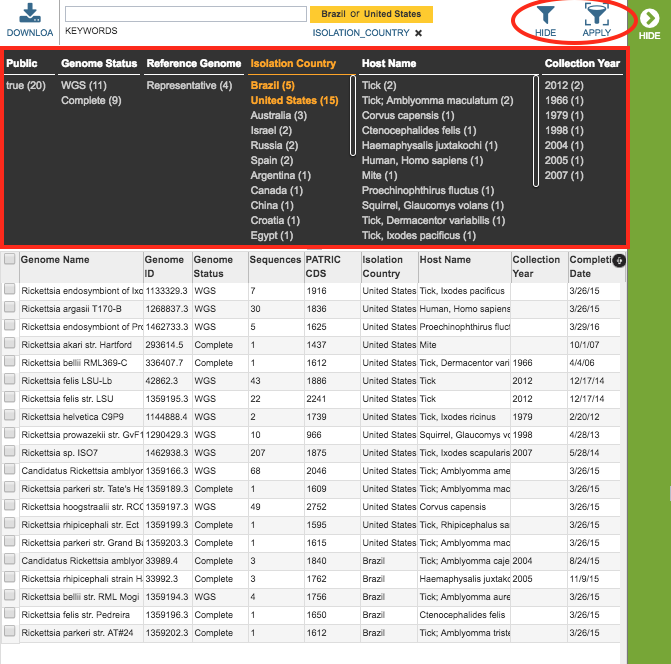 Genomes Filter Panel