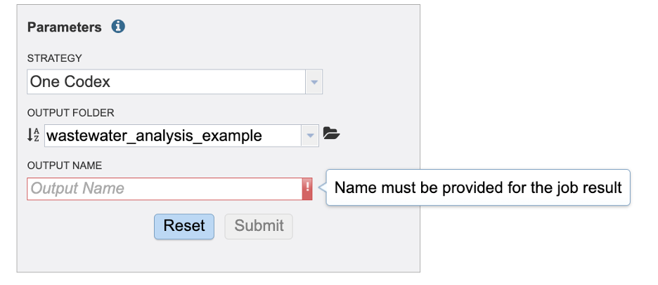 An image of the alert that populates when the output name is missing.