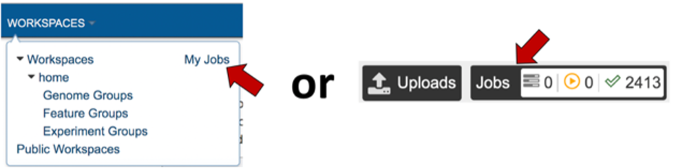 An image of the workspace and jobs buttons with the word or between them.