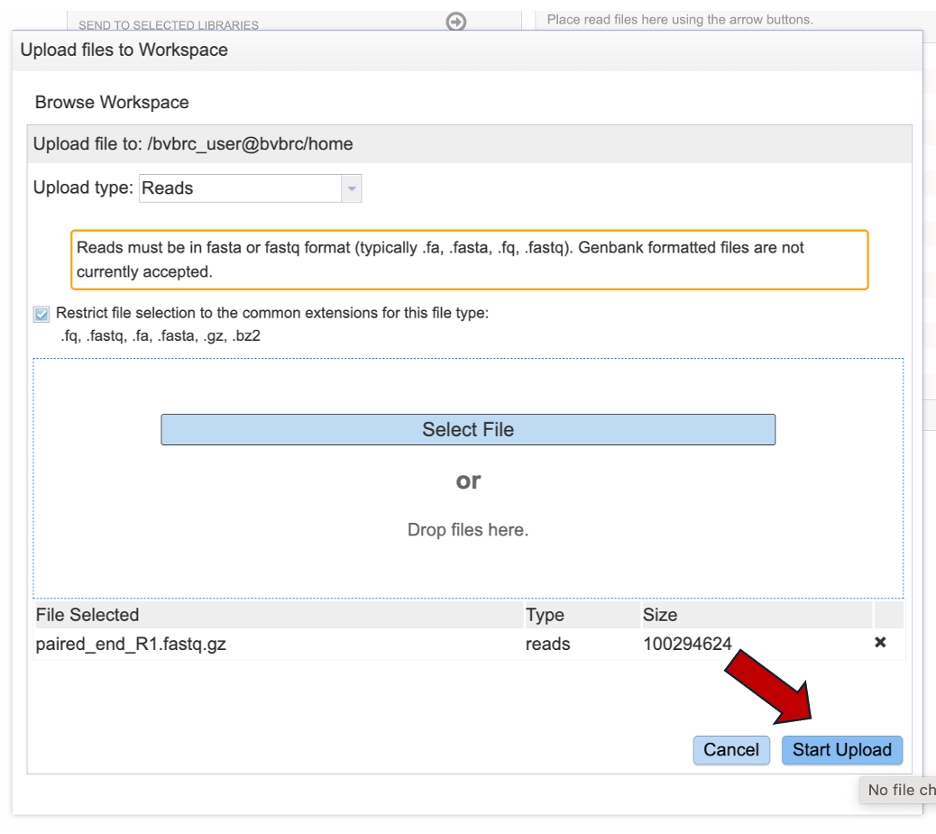 An image of the upload window with a file staged for upload