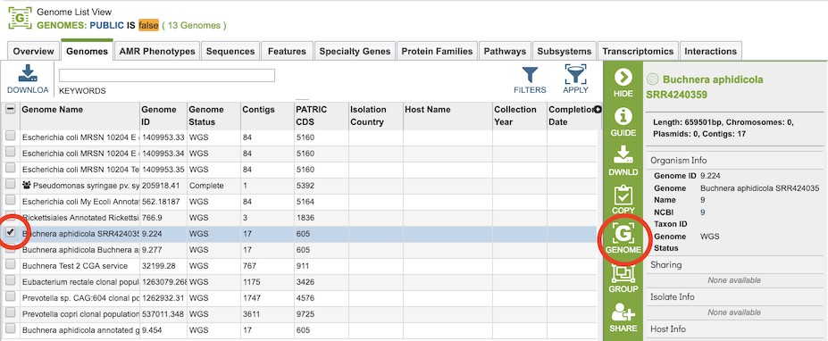 Genomes Tab with List of Private Genomes