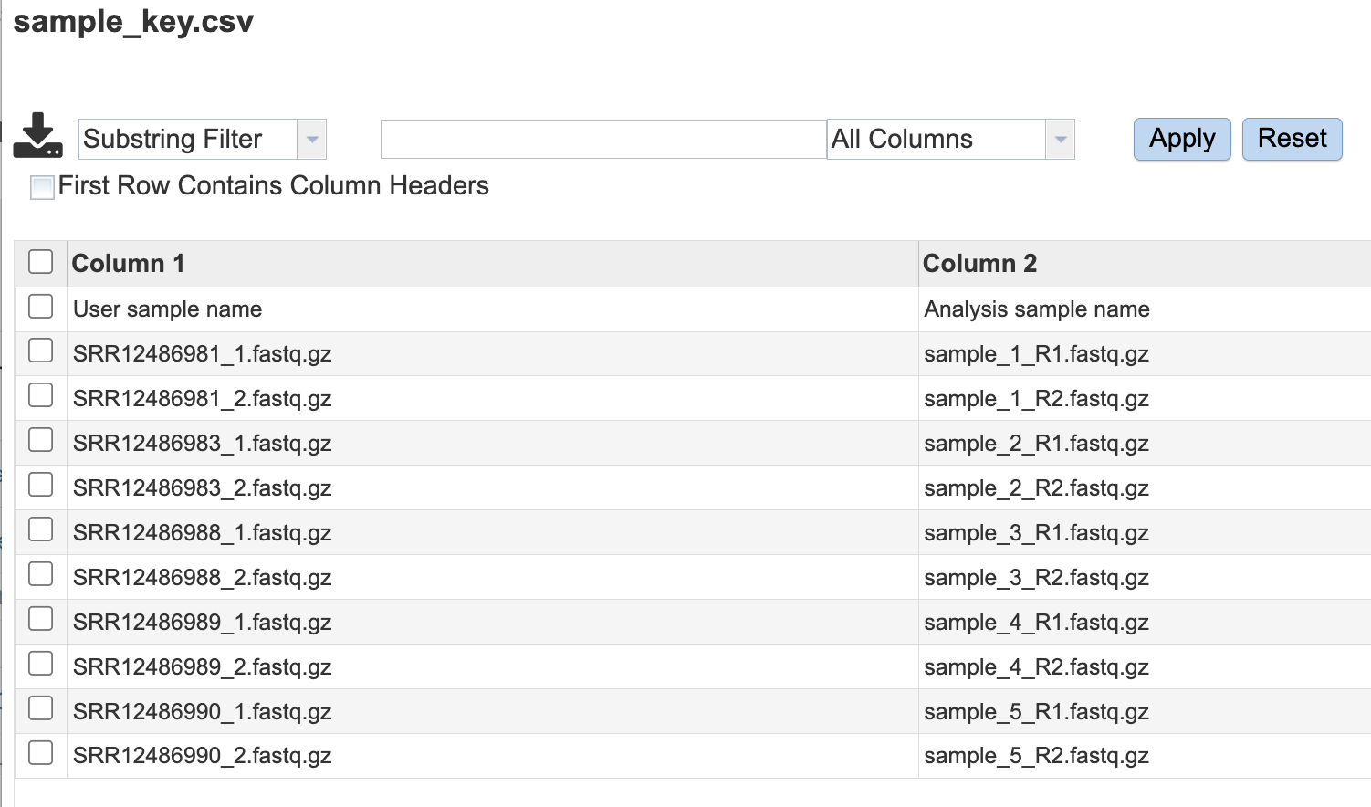 Sample Key for Sample IDs and User input